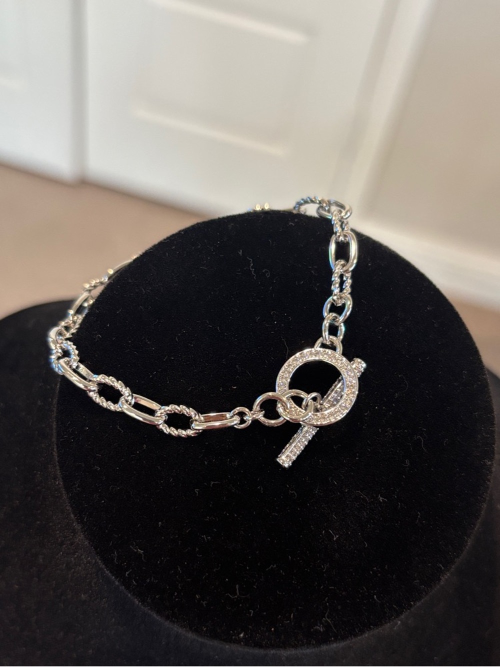 Silver Tone Pavé Toggle Link Bracelet - Women Jewelry